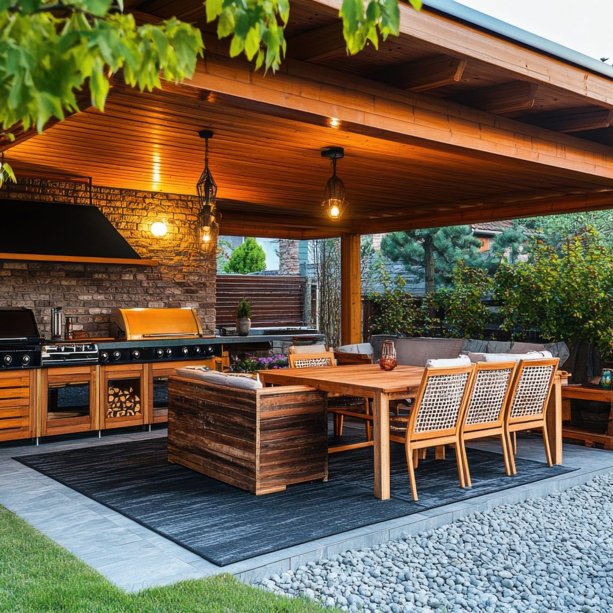 A cozy outdoor kitchen features a grill, wood storage, and a spacious dining table under a wooden gazebo. Soft lights illuminate the inviting space, surrounded by lush plants and pebbles.